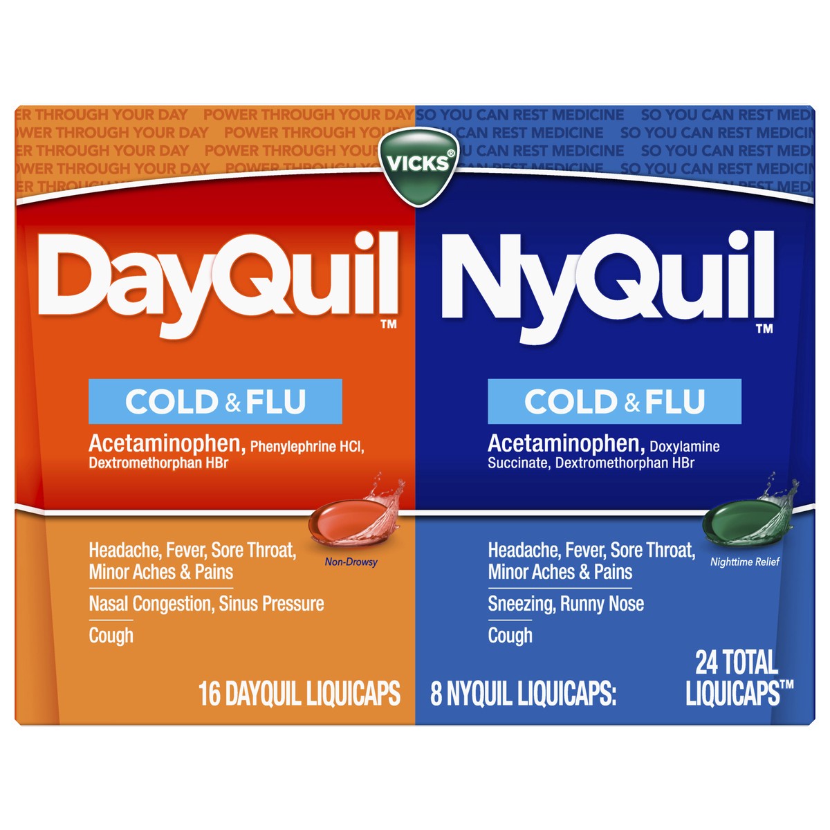 slide 1 of 2, Vicks DayQuil & NyQuil Co-Pack, Cold & Flu Over-the-Counter Medicine, Powerful Multi-Symptom Daytime and Nighttime Relief for Headache, Fever, Sore Throat, Minor Aches and Pains, and Cough, 24ct, 24 ct