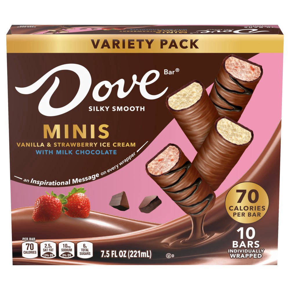 slide 1 of 2, Dove® Minis Vanilla & Strawberry with Milk Chocolate Silky Smooth Ice Cream Bars, 10 ct / 7.5 oz