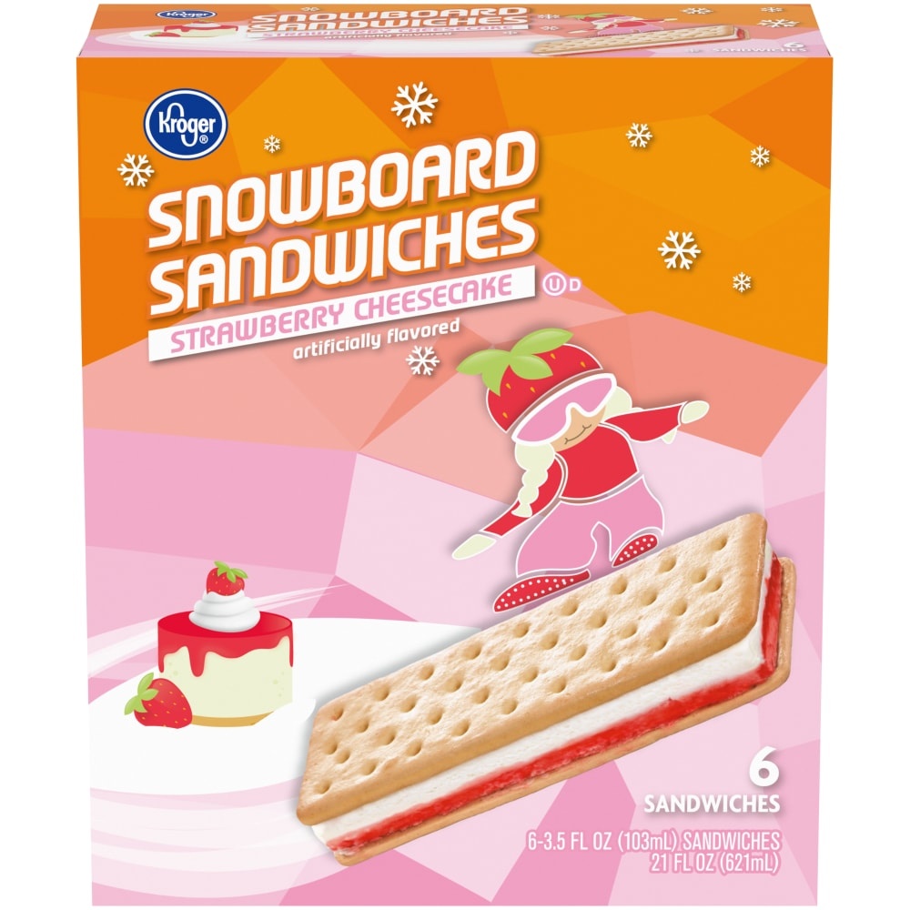 slide 1 of 1, Kroger Strawberry Cheesecake Ice Cream Snowboard Sandwiches, 6 ct