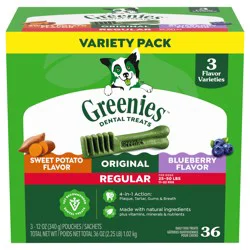 Greenies Regular Sweet Potato Flavor/Original/Blueberry Flavor Dental Treats Variety Pack 36 - 12 oz Pouches