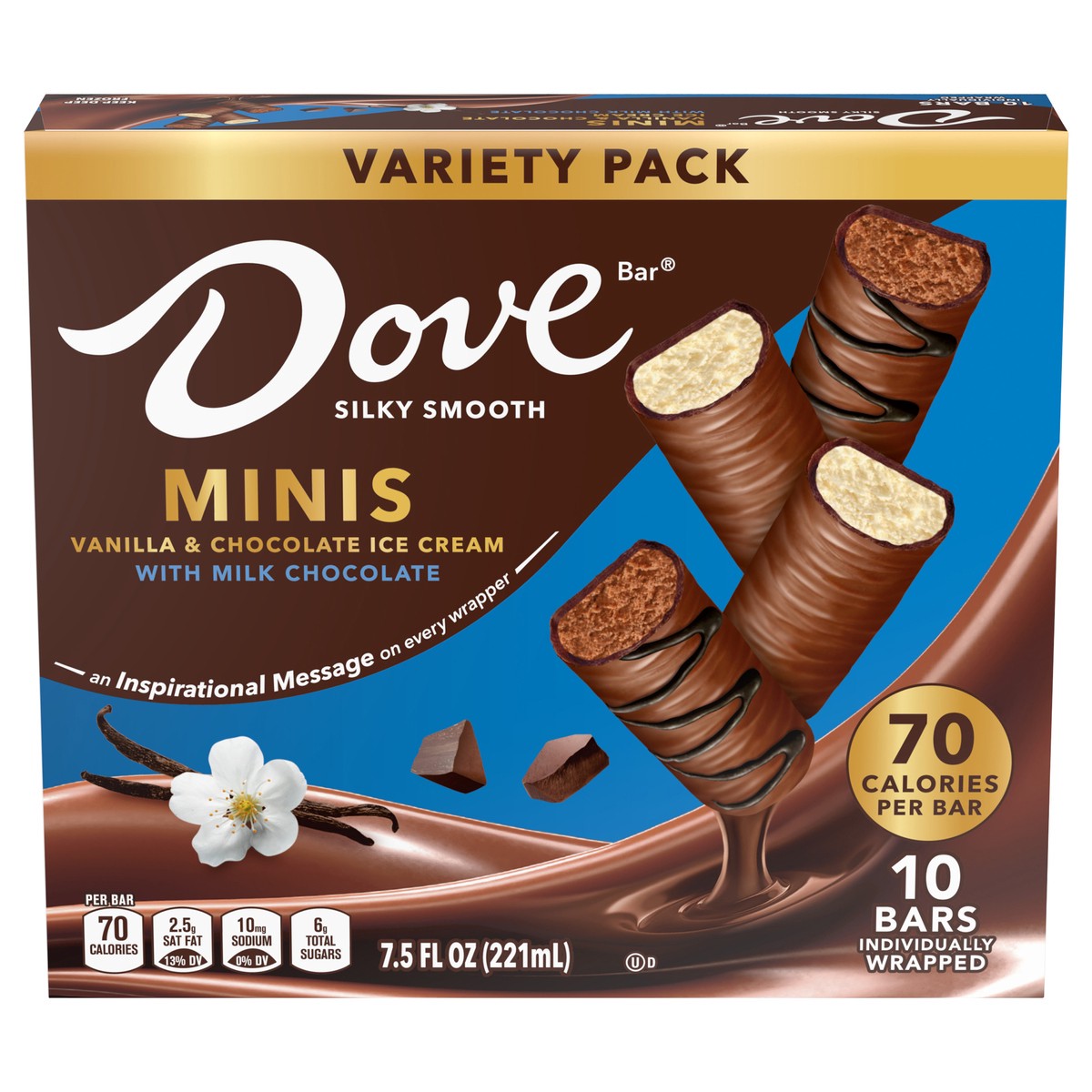 slide 1 of 15, DOVE Vanilla & Chocolate Ice Cream Mini Milk Chocolate Individually Wrapped Ice Cream Bars Assortment, 10 Pack, 0.75 oz Bars, 10 ct / 7.5 oz