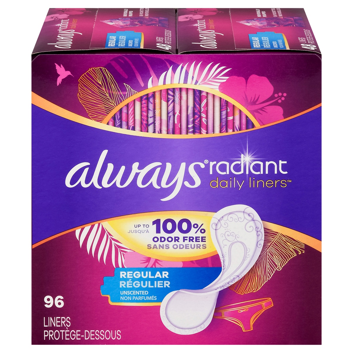 slide 1 of 3, Always Radiant Pantiliners Regular Wrapped Unscented, 96 ct