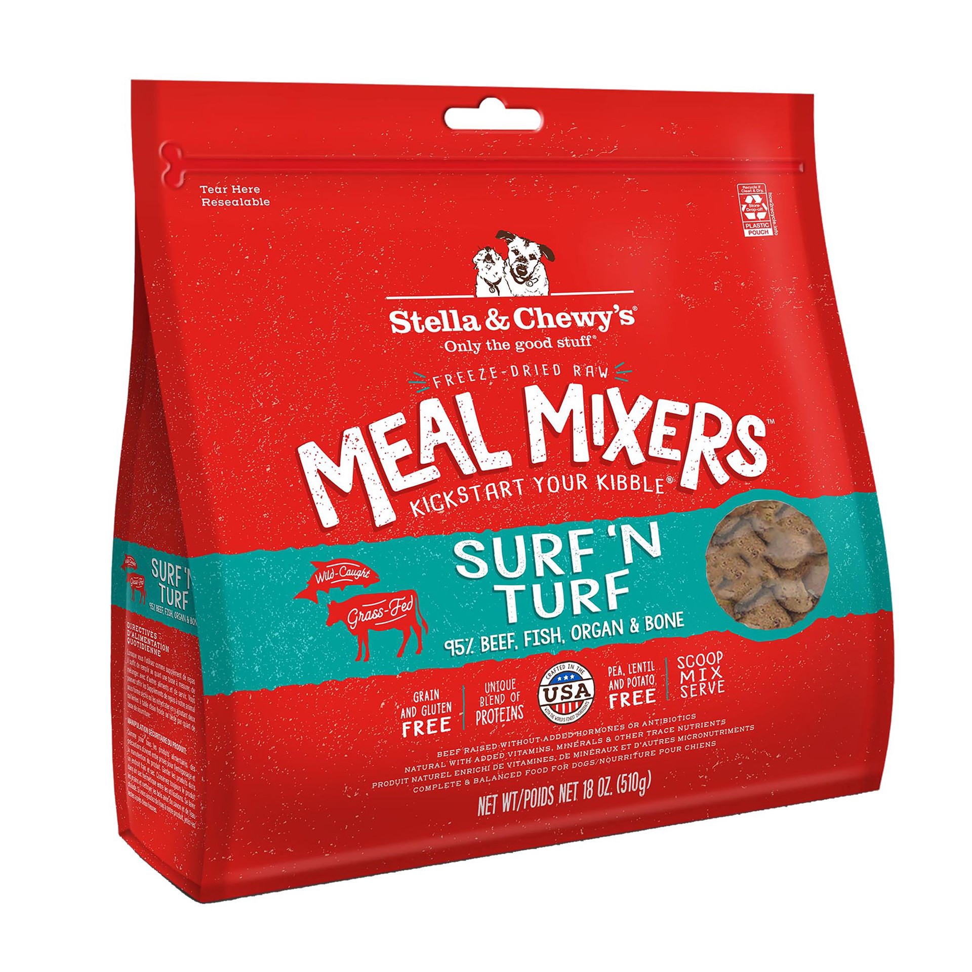 slide 1 of 1, Stella & Chewys Stella & Chewy's Freeze-Dried Raw Meal Mixers All Life Stages Dog Food Topper - Surf 'n Turf, 18 oz