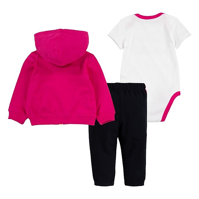 slide 2 of 5, Nike Newborn Long Sleeve Bodysuit, Pant and Jacket Set - Pink/Black, 3 ct