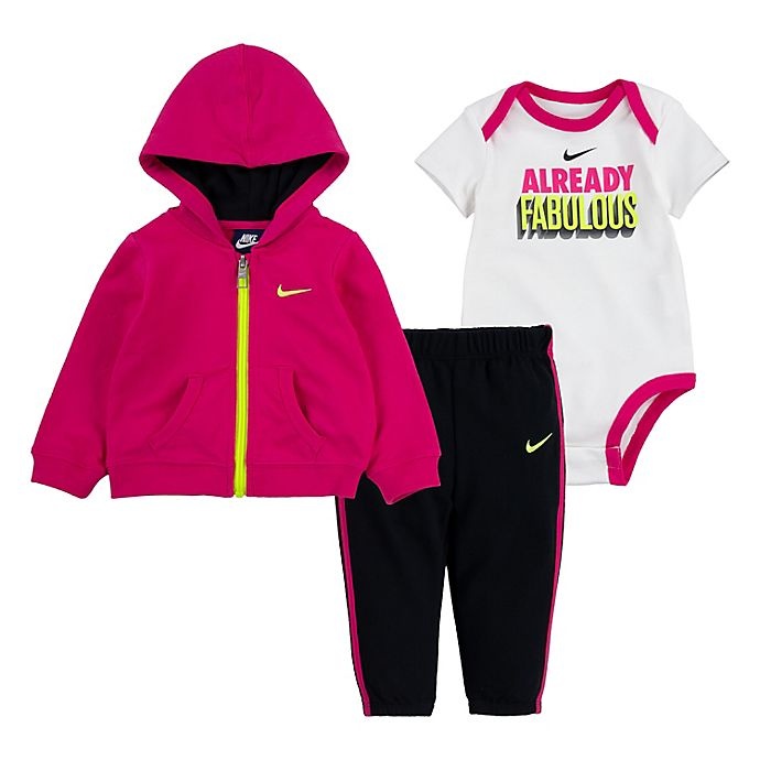 slide 1 of 5, Nike Newborn Long Sleeve Bodysuit, Pant and Jacket Set - Pink/Black, 3 ct