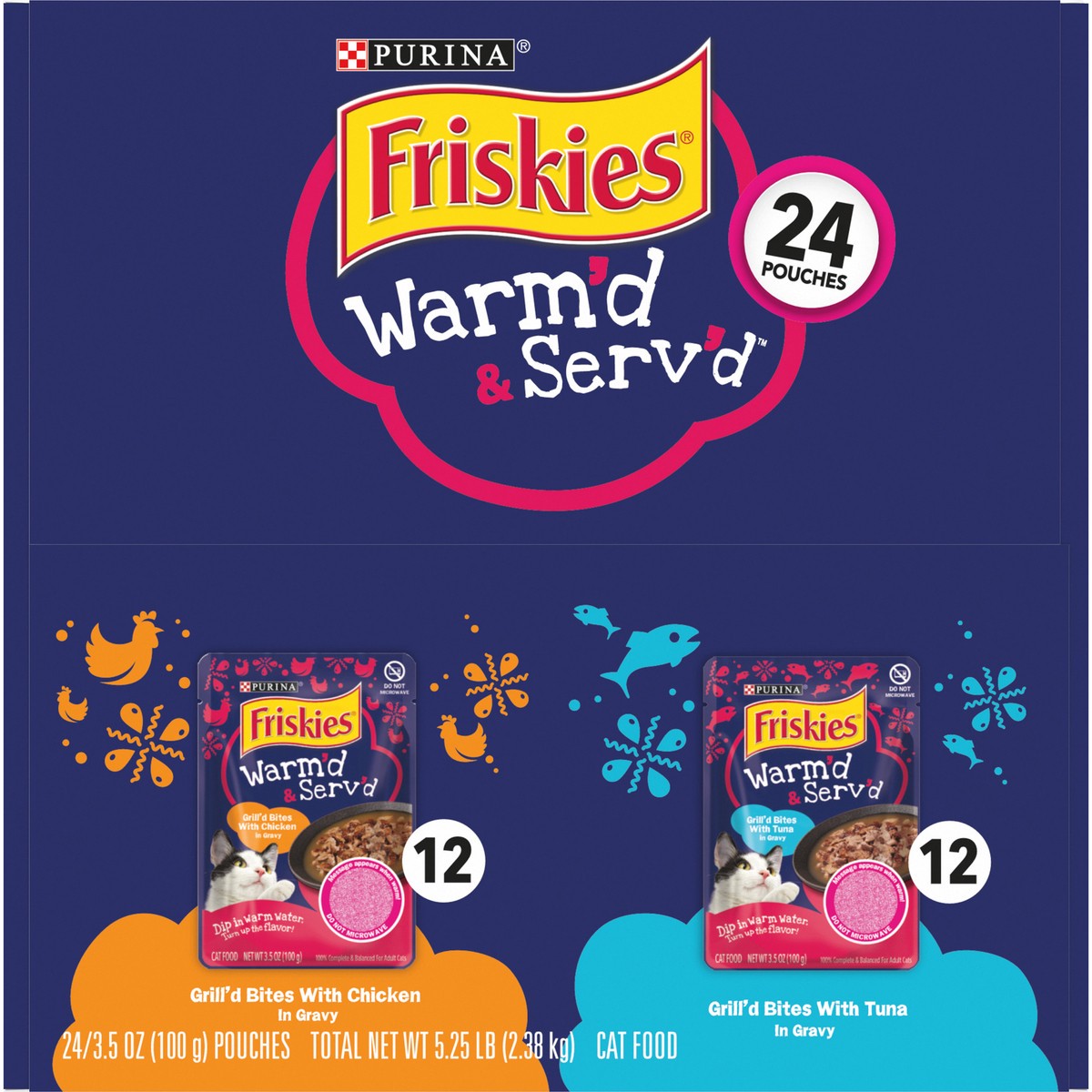 slide 10 of 14, Purina Friskies Gravy Wet Cat Food Variety Pack, Warm'd & Serv'd Grill'd Bites With Chicken & With Tuna, 5.25 lb