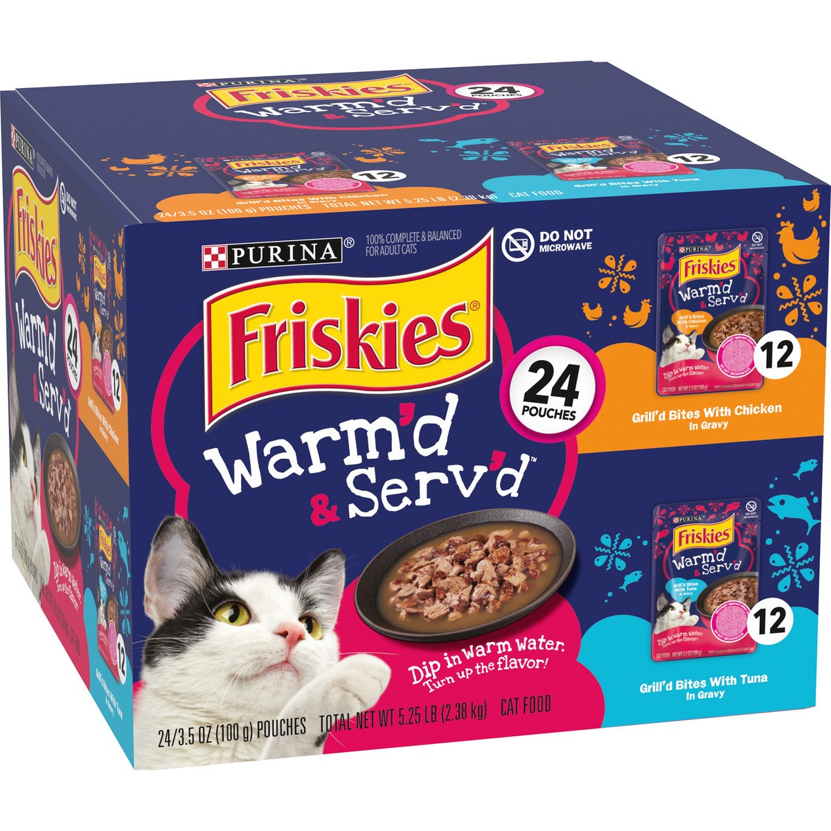 slide 2 of 14, Purina Friskies Gravy Wet Cat Food Variety Pack, Warm'd & Serv'd Grill'd Bites With Chicken & With Tuna, 5.25 lb