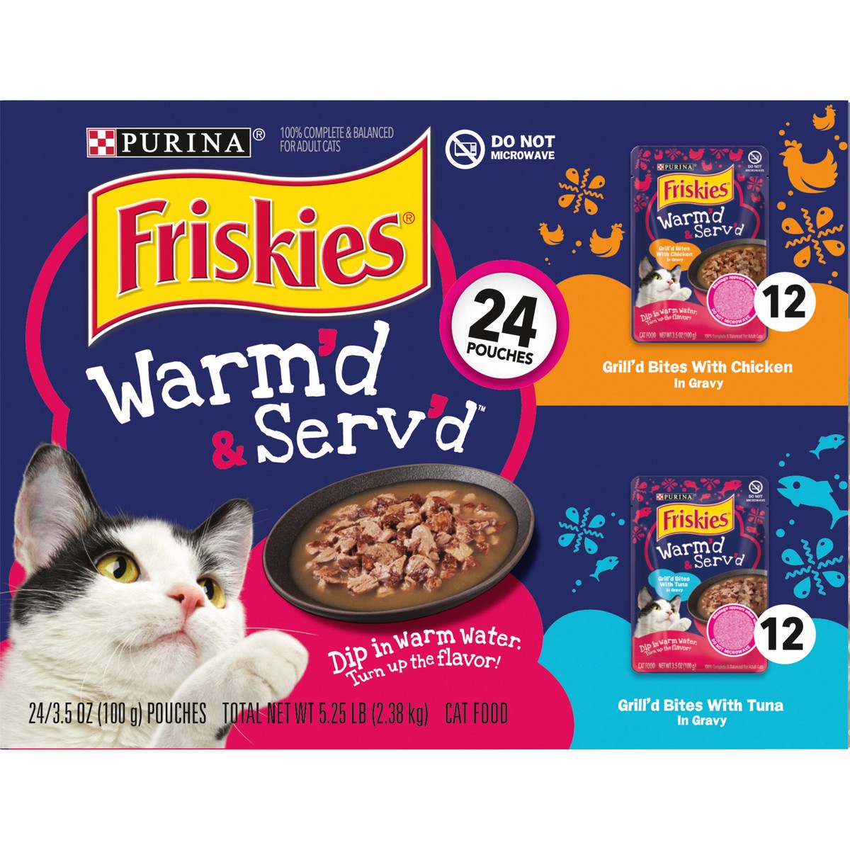 slide 7 of 14, Purina Friskies Gravy Wet Cat Food Variety Pack, Warm'd & Serv'd Grill'd Bites With Chicken & With Tuna, 5.25 lb