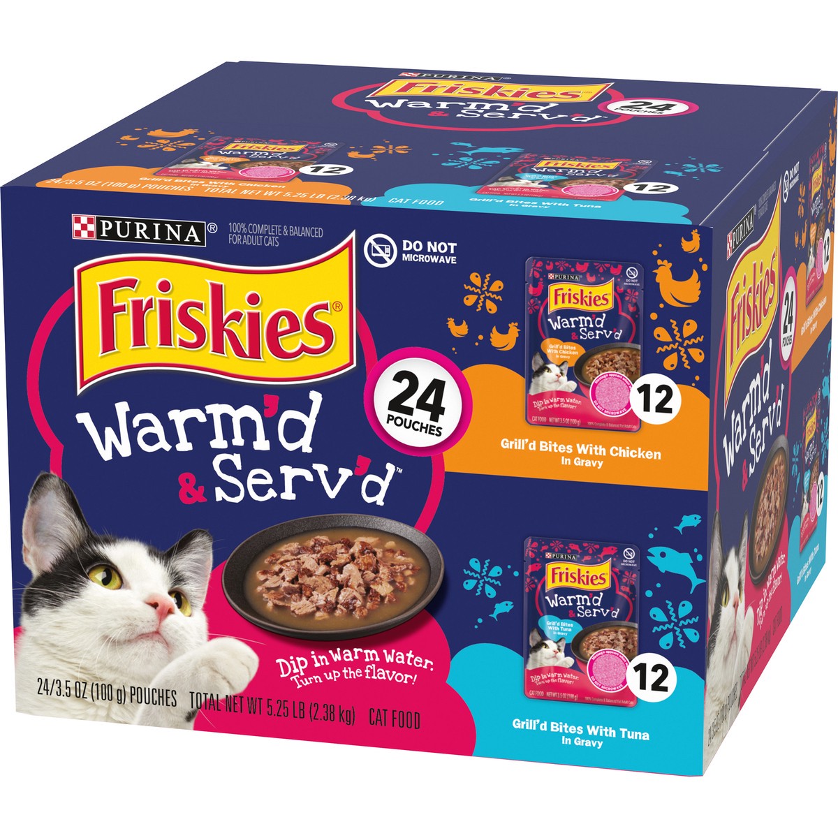 slide 13 of 14, Purina Friskies Gravy Wet Cat Food Variety Pack, Warm'd & Serv'd Grill'd Bites With Chicken & With Tuna, 5.25 lb