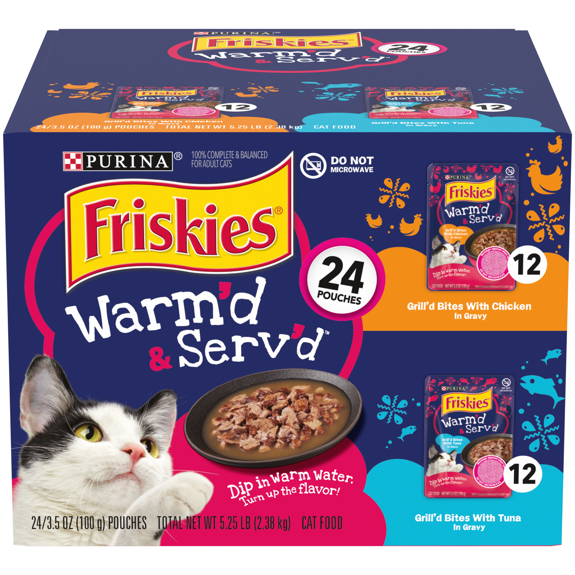 slide 1 of 14, Purina Friskies Gravy Wet Cat Food Variety Pack, Warm'd & Serv'd Grill'd Bites With Chicken & With Tuna, 5.25 lb