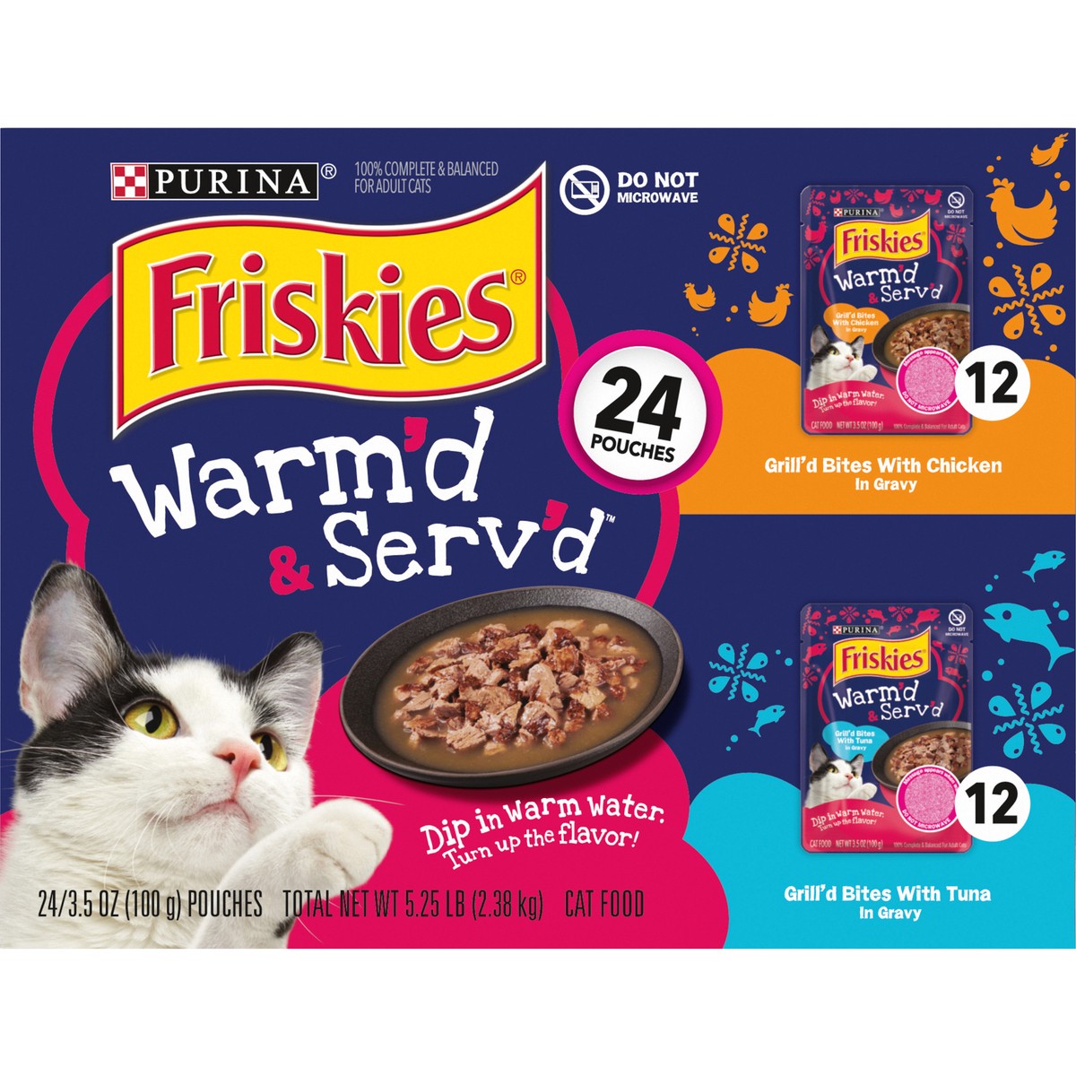 slide 3 of 14, Purina Friskies Gravy Wet Cat Food Variety Pack, Warm'd & Serv'd Grill'd Bites With Chicken & With Tuna, 5.25 lb