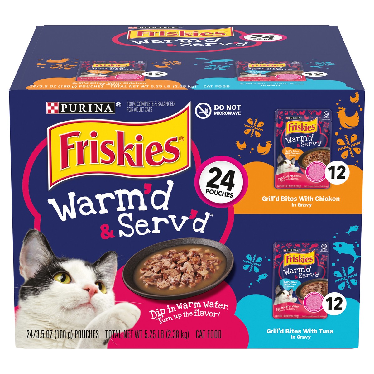 slide 14 of 14, Purina Friskies Gravy Wet Cat Food Variety Pack, Warm'd & Serv'd Grill'd Bites With Chicken & With Tuna, 5.25 lb