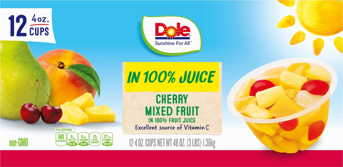 slide 4 of 9, Dole Cherry Mixed Fruit In 100% Fruit Juice Fruit Cups, 12 ct; 4 oz