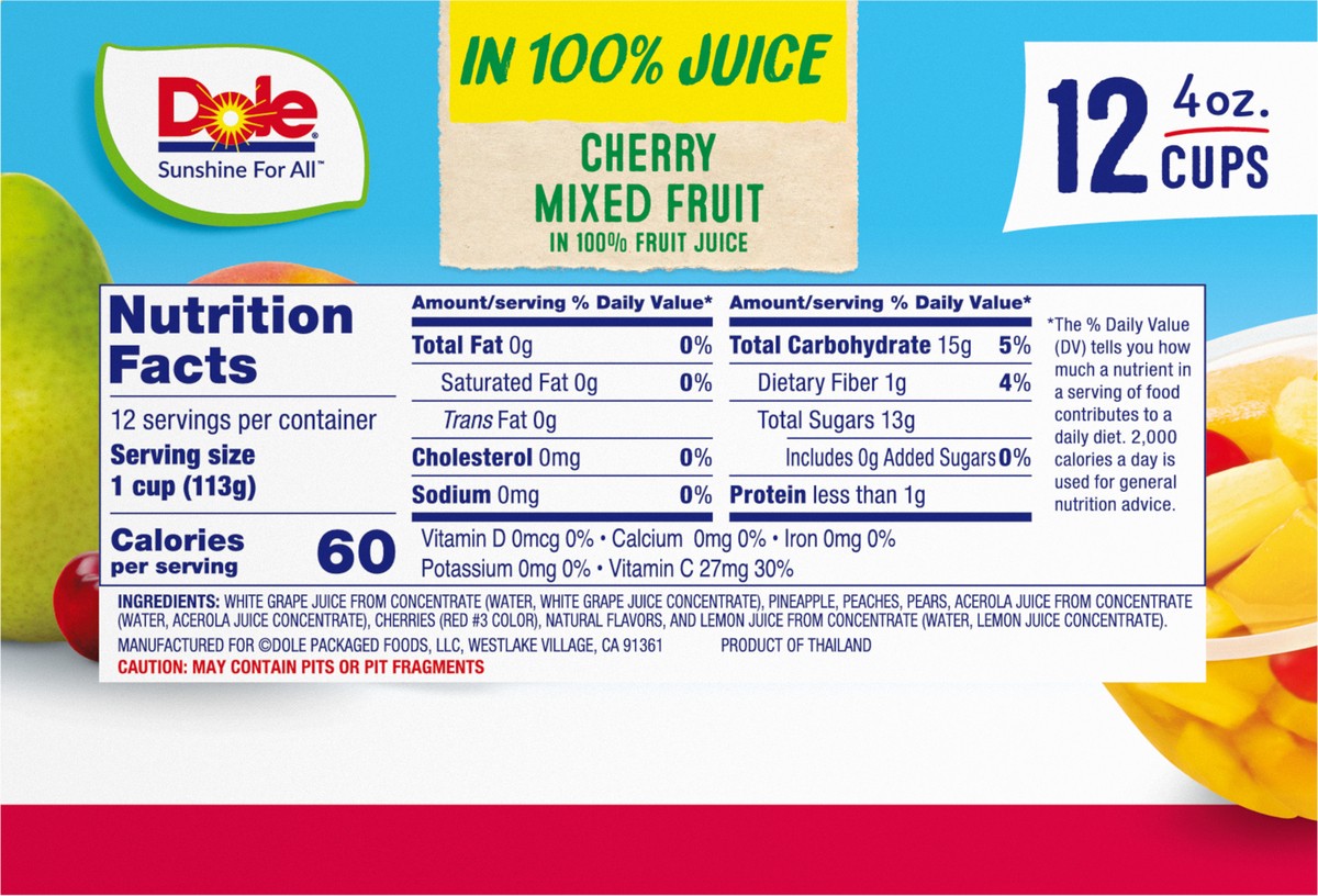 slide 5 of 9, Dole Cherry Mixed Fruit In 100% Fruit Juice Fruit Cups, 12 ct; 4 oz