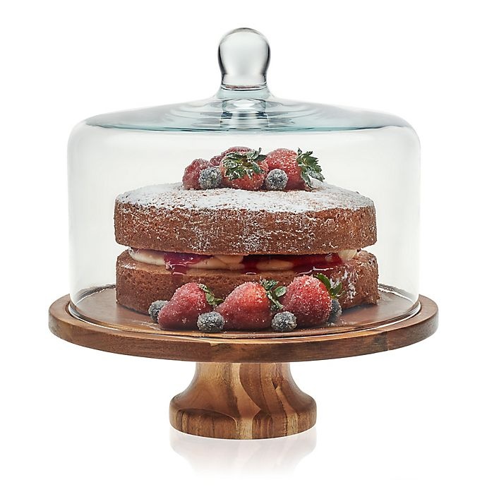 slide 1 of 1, Libbey Glass Acacia Wood Cake Stand with Dome, 1 ct