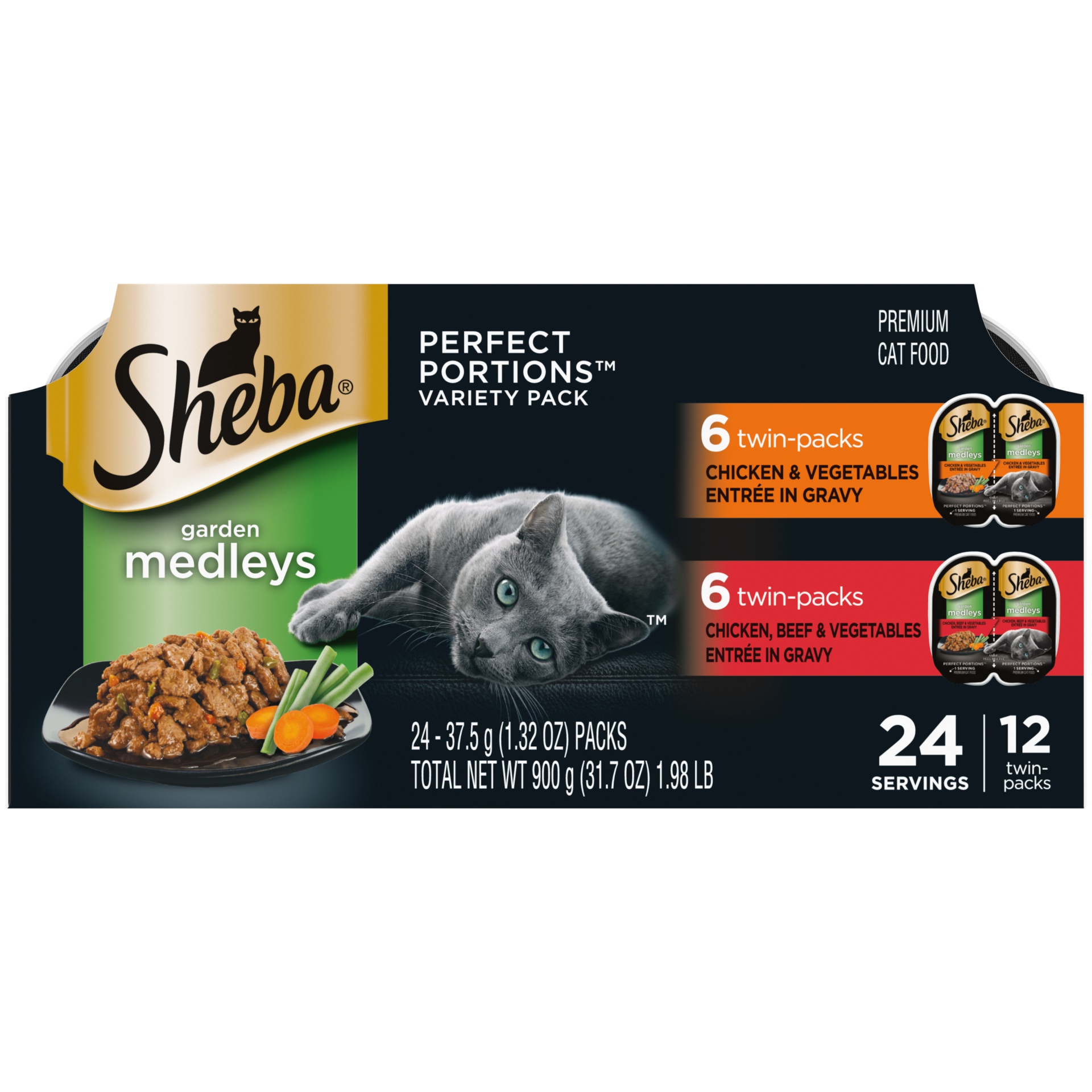 slide 1 of 1, SHEBA Wet Cat Food Garden Medleys Variety Pack, Chicken & Vegetables Entree in Gravy and Chicken, Beef & Vegetables Entree in Gravy, (12) PERFECT PORTIONS Twin-Pack Trays, 2.64 oz