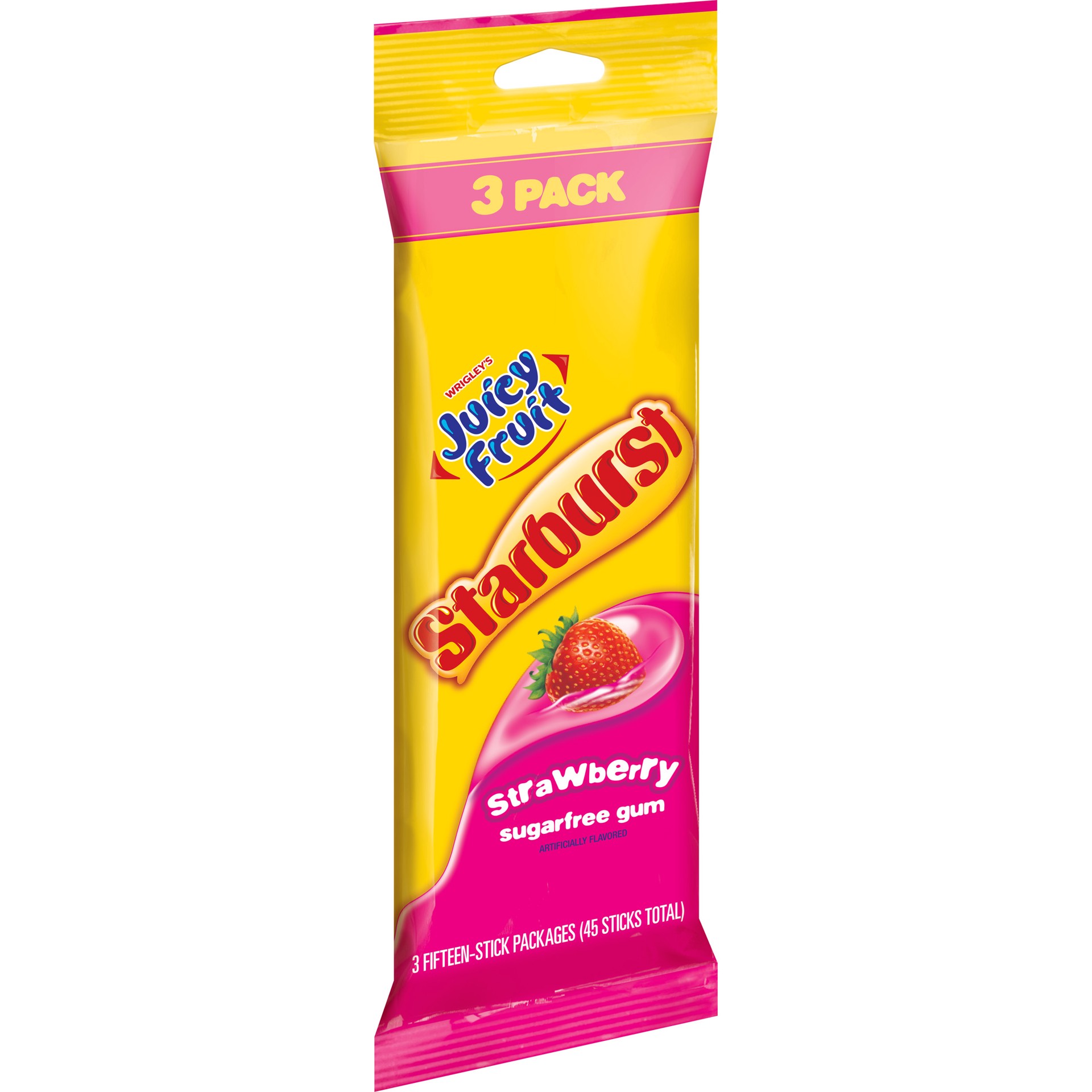 slide 1 of 6, JUICY FRUIT Starburst Strawberry Chewing Gum, 15 Stick (Pack of 3), 45 pc