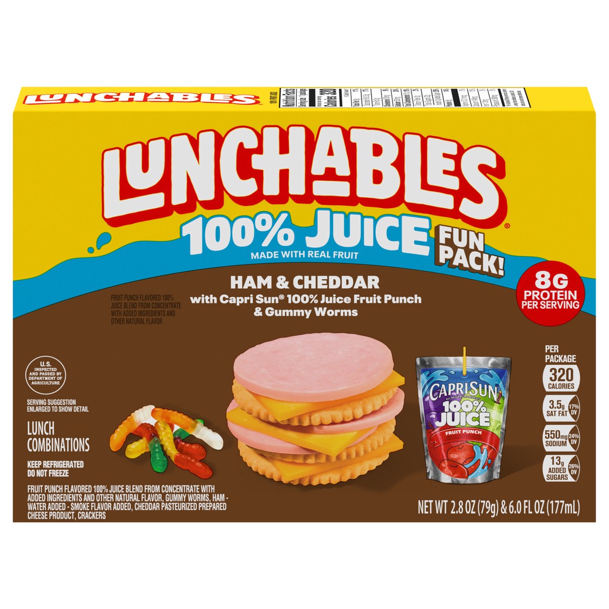 slide 1 of 5, Lunchables Ham & Cheddar with Capri Sun 100% Juice Fruit Punch & Gummy Worms Fun Pack, 2.8 oz & 6 fl oz Package, 1 ct