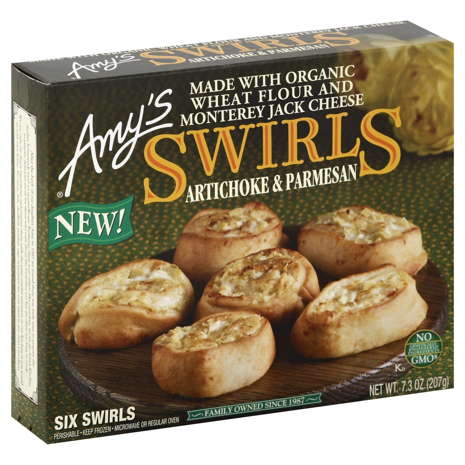 slide 1 of 1, Amy's Artichoke & Parmesan Swirls, 7.3 oz