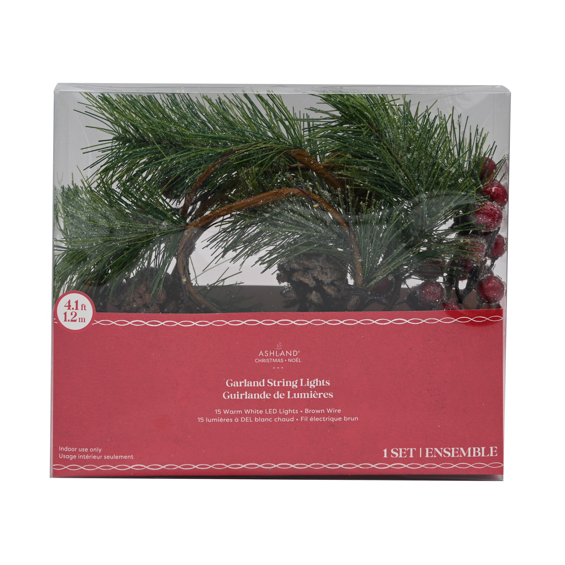 slide 3 of 3, 15ct. Warm White Led Iced Pine & Red Berry Garland String Lights On Brown Wire By Ashland, 15 ct