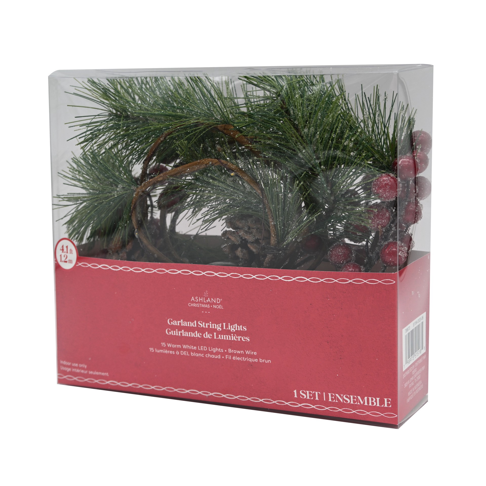 slide 2 of 3, 15ct. Warm White Led Iced Pine & Red Berry Garland String Lights On Brown Wire By Ashland, 15 ct