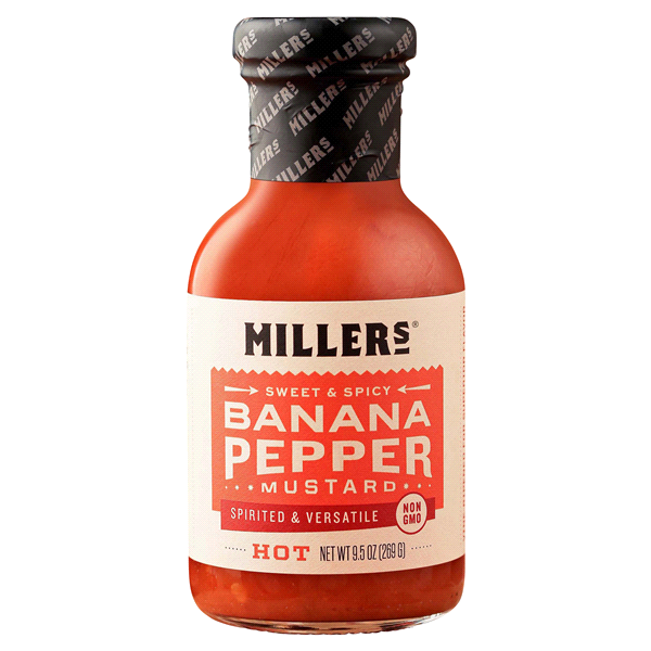 slide 1 of 1, Miller's Sweet & Spicy Banana Pepper Mustard Mild, 9.6 oz