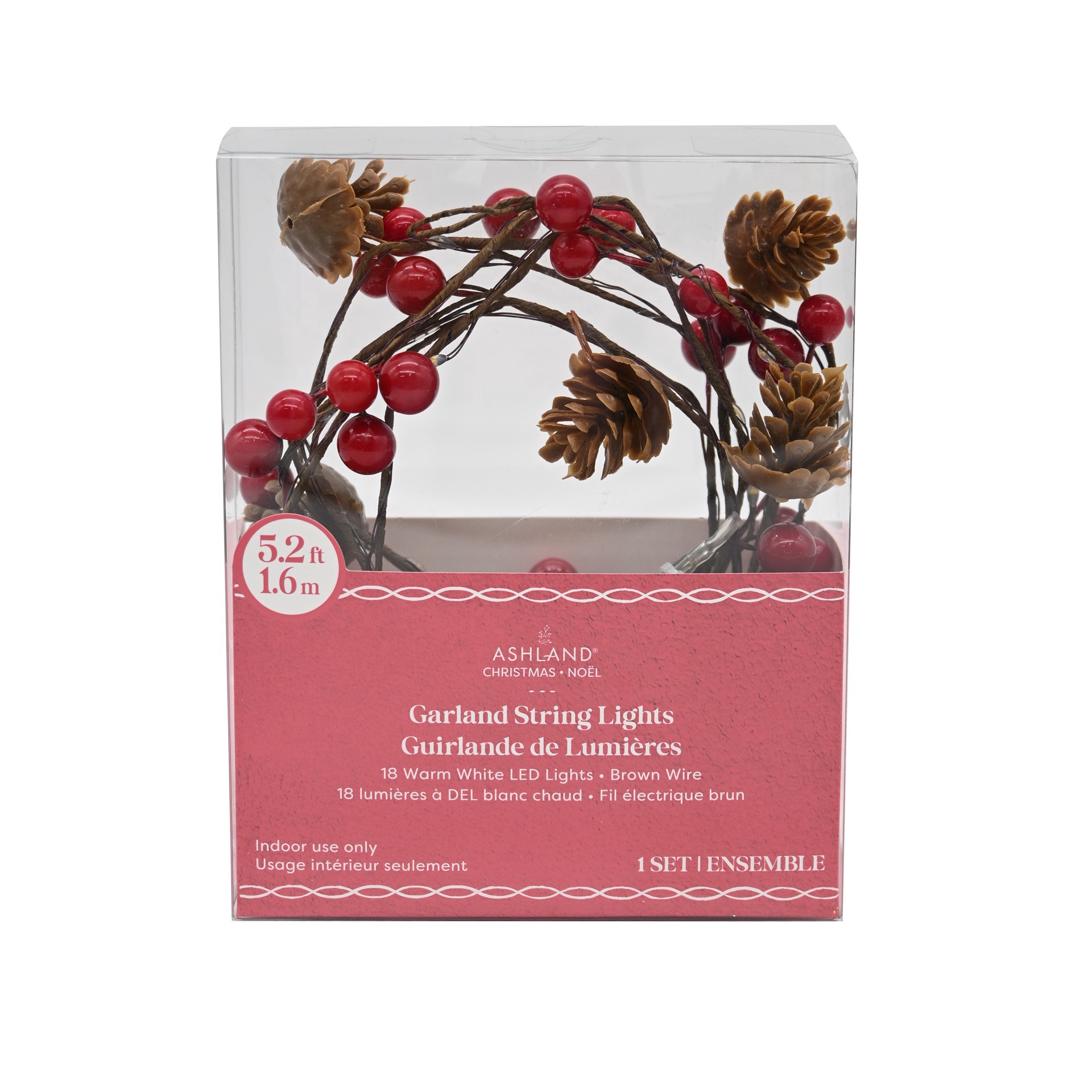 slide 2 of 3, 18ct. Warm White Led Red Berry & Pinecone Garland String Lights On Brown Wire By Ashland, 18 ct