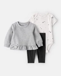 Carter's Carters Baby Girl 3-Piece DayDream Fleece Bow Long-Sleeve Bodysuit & Pant Set Black 12M