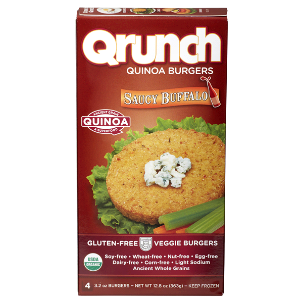 slide 1 of 1, Qrunch Organics Saucy Buffalo Style Quinoa Burgers, 4 ct