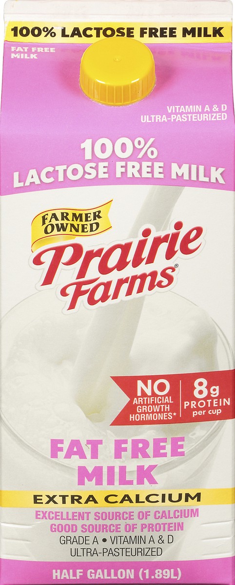 slide 1 of 9, Prairie Farms Fat Free Extra Calcium 100% Lactose Free Milk 0.5 gl Carton, 1/2 gal