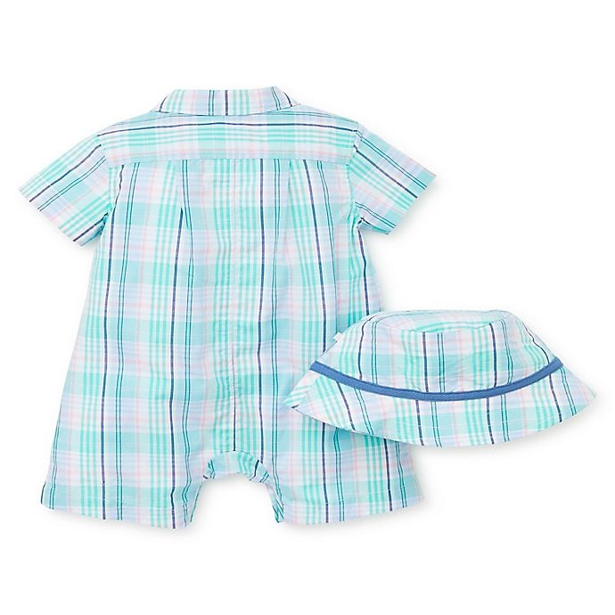 slide 2 of 2, Little Me Newborn Plaid Elephant Romper and Hat Set - Blue, 2 ct