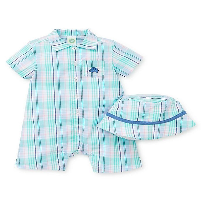 slide 1 of 2, Little Me Newborn Plaid Elephant Romper and Hat Set - Blue, 2 ct