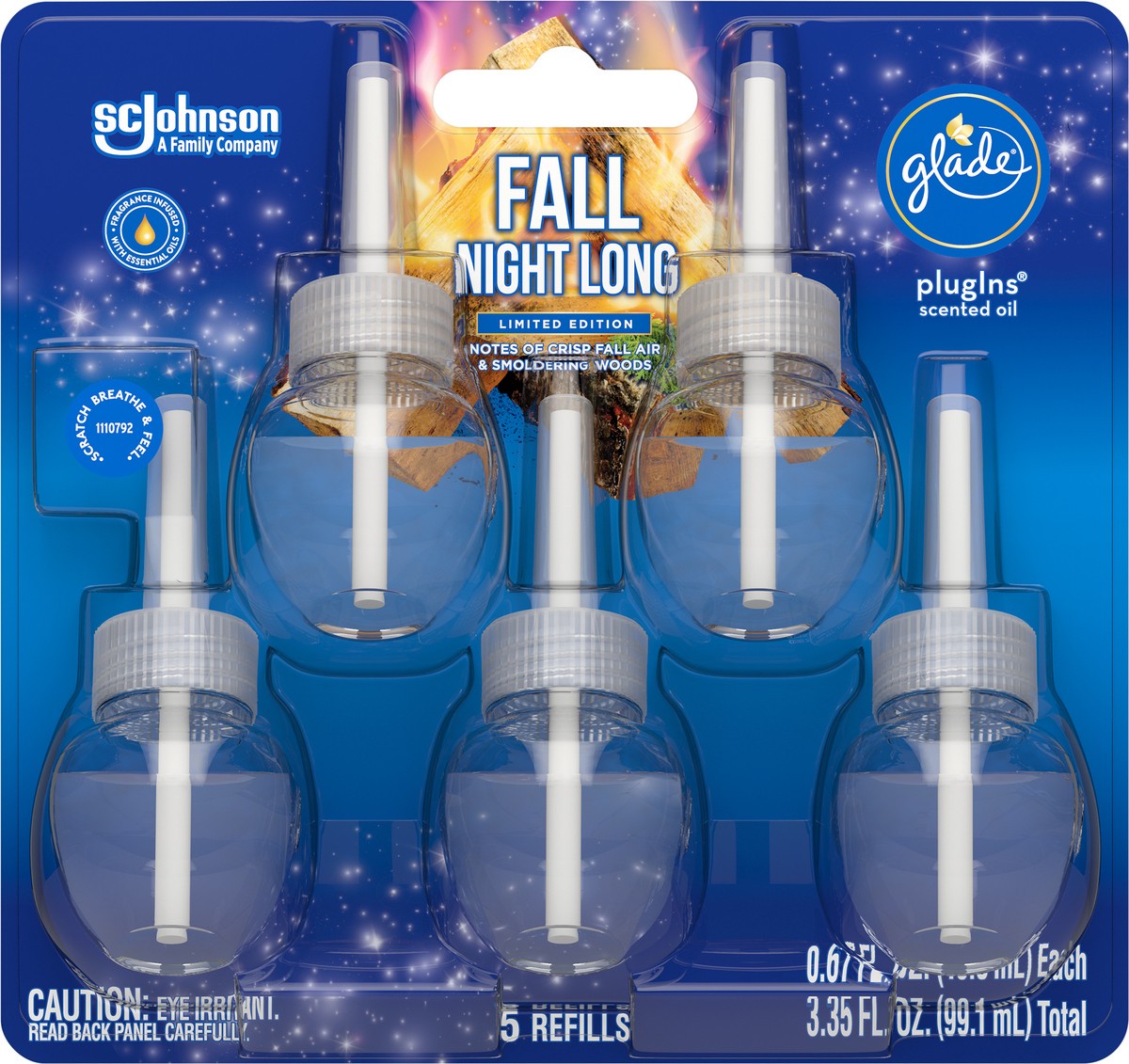 slide 2 of 6, Glade PlugIns Scented Oil, Air Freshener, 5 Refills, Fall Night Long, 0.67 oz Each, 3.35 oz Total, 3.35 fl oz