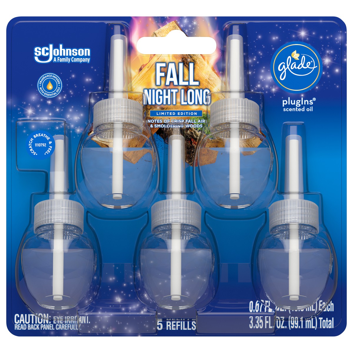 slide 3 of 6, Glade PlugIns Scented Oil, Air Freshener, 5 Refills, Fall Night Long, 0.67 oz Each, 3.35 oz Total, 3.35 fl oz