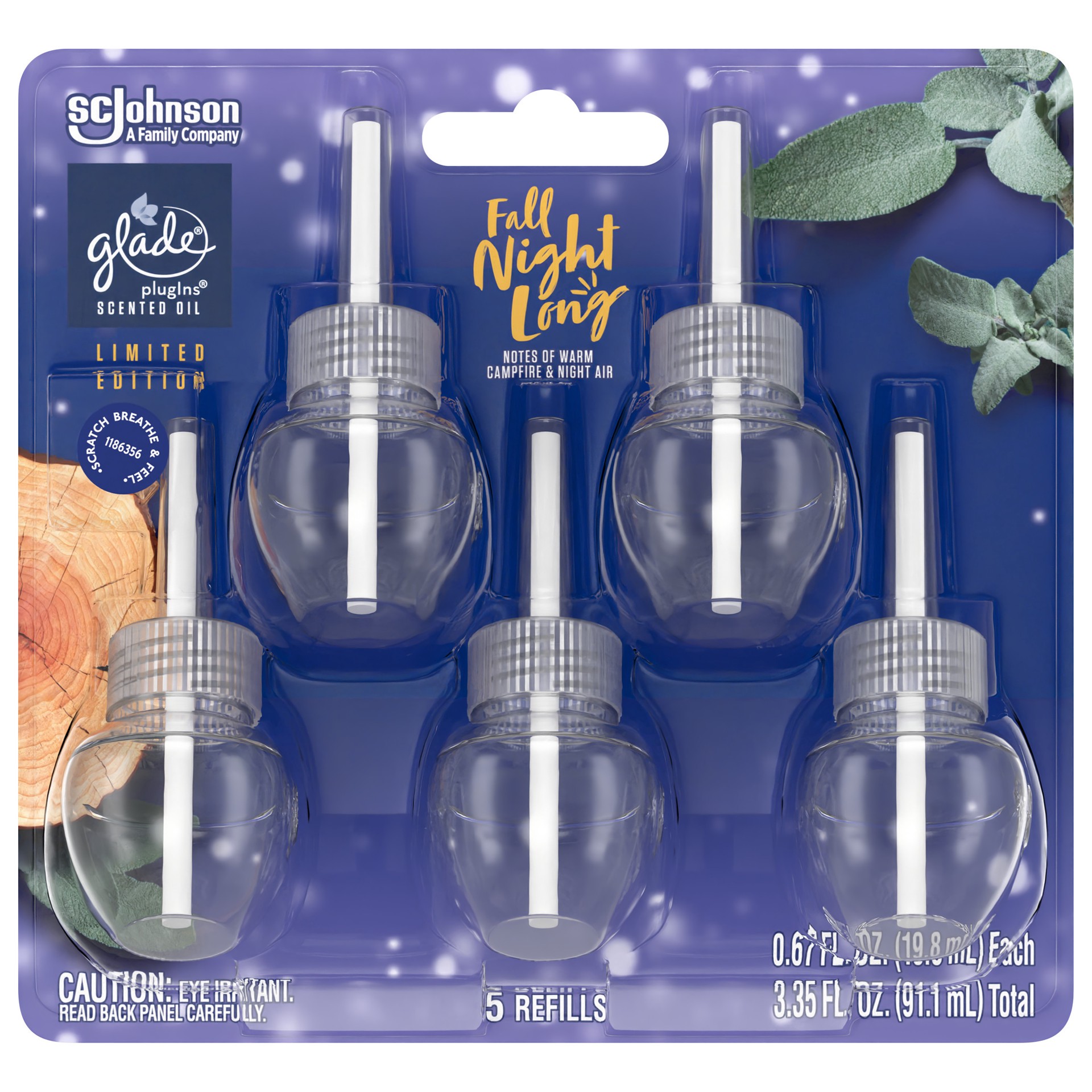 slide 1 of 6, Glade PlugIns Scented Oil, Air Freshener, 5 Refills, Fall Night Long, 0.67 oz Each, 3.35 oz Total, 3.35 fl oz