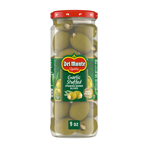 slide 1 of 1, Del Monte Garlic Stuffed Spanish Queen Olives, 9 oz. Jar, 9 oz