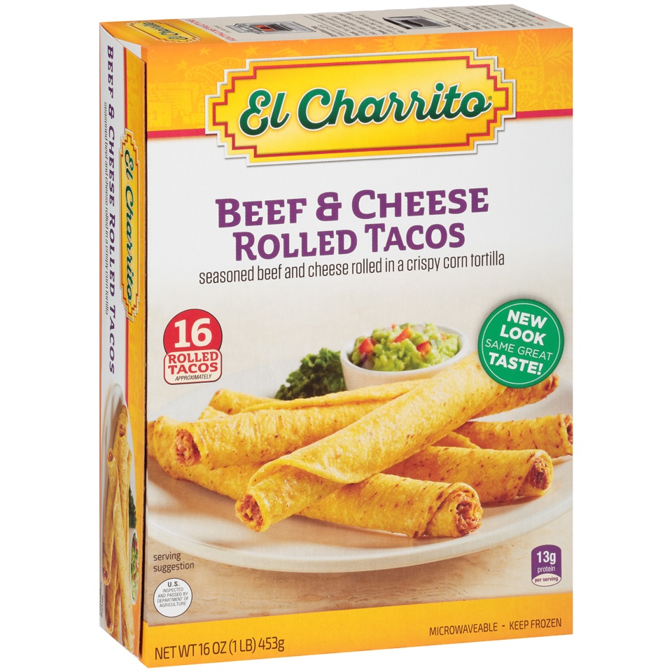 slide 1 of 1, El Charrito Beef & Cheese Rolled Tacos, 16 oz