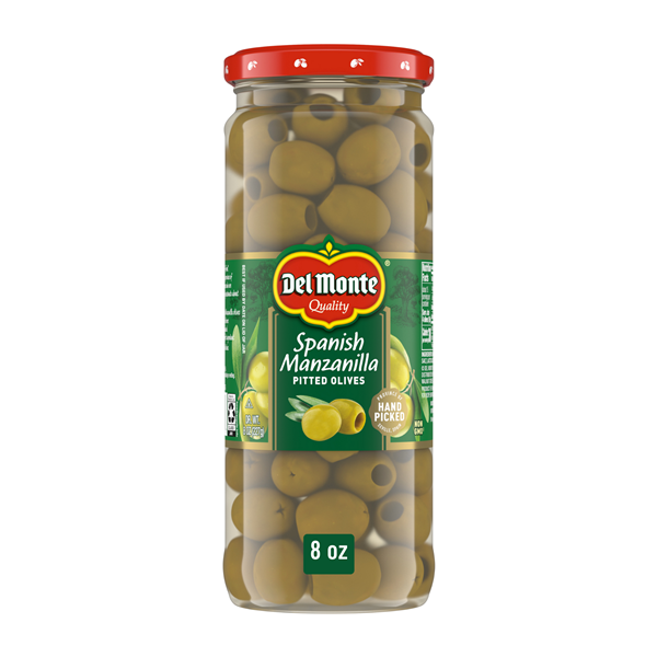 slide 1 of 1, Del Monte Spanish Manzanilla Pitted Olives, 8 oz Jar, 8 oz