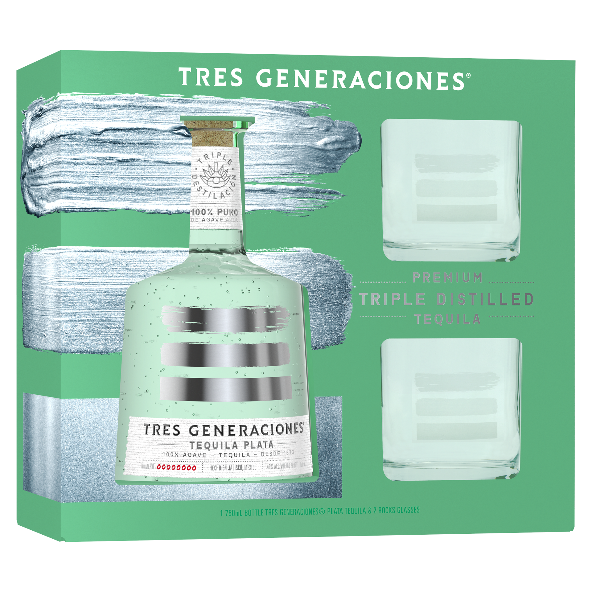 slide 2 of 2, Tres Generaciones Plata Tequila 750 ml with 2 Glasses, 750 ml