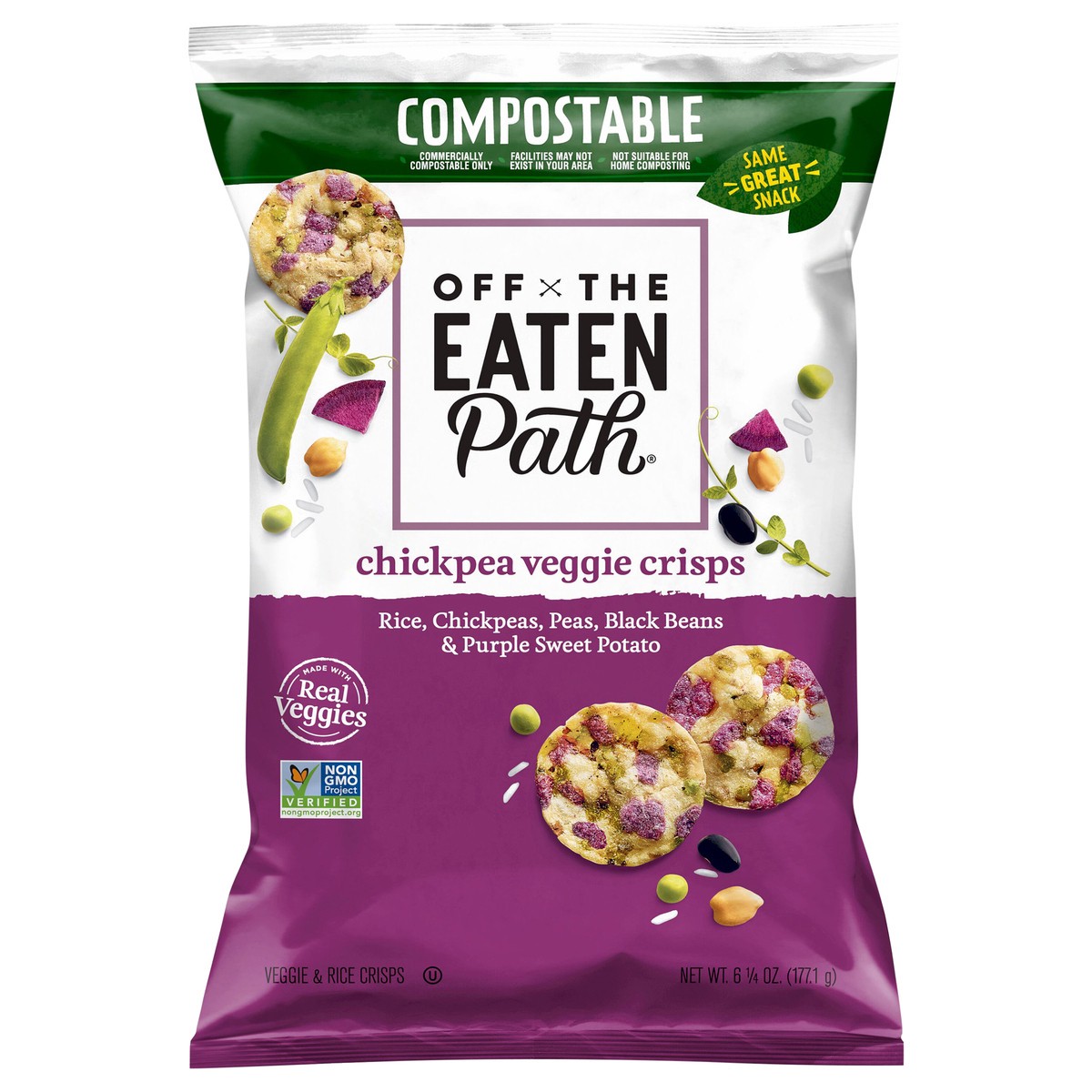 slide 5 of 9, Off the Eaten Path Chickpea Veggie Crisps Veggie & Rice Crisps Rice Chickpeas Black Beans & Purple Sweet Potato 6 1/4 Oz, 6.25 oz