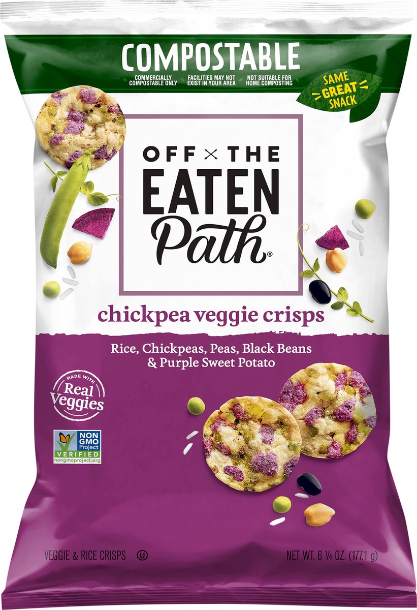 slide 9 of 9, Off the Eaten Path Chickpea Veggie Crisps Veggie & Rice Crisps Rice Chickpeas Black Beans & Purple Sweet Potato 6 1/4 Oz, 6.25 oz