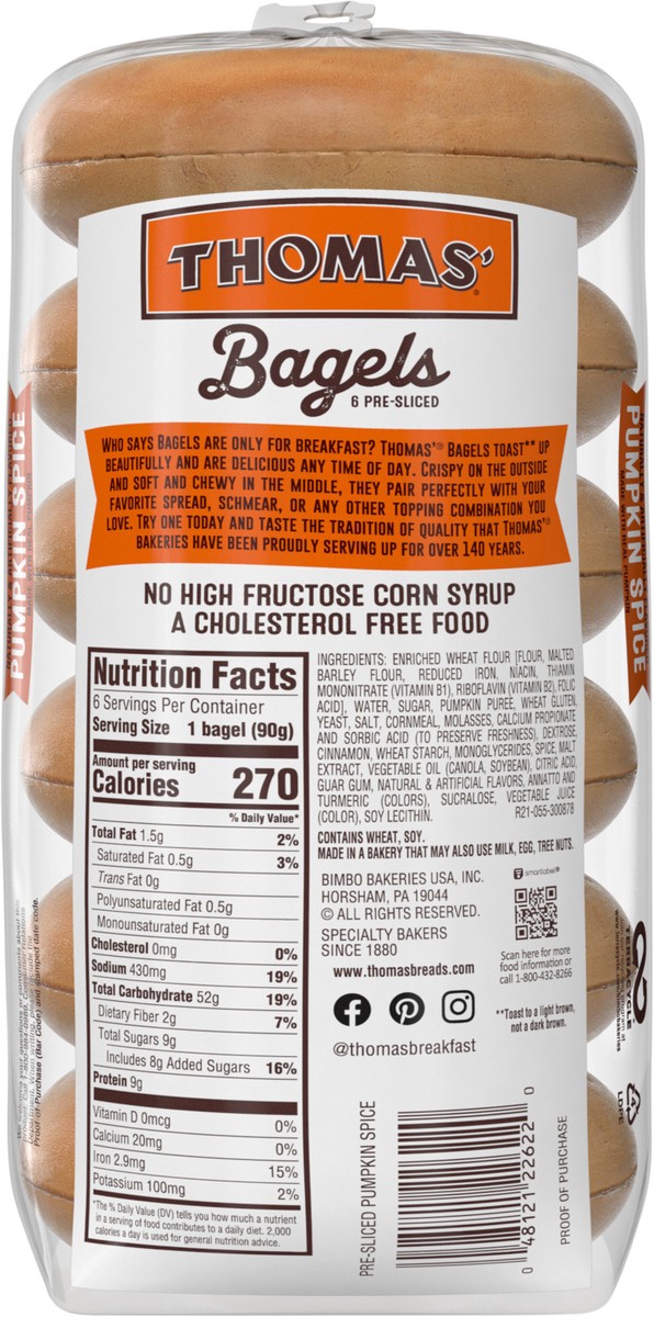 slide 11 of 12, Entenmann's Thomas' Pumpkin Spice Pre-sliced Bagels, 6 count, 19 oz, 6 ct; 19 oz