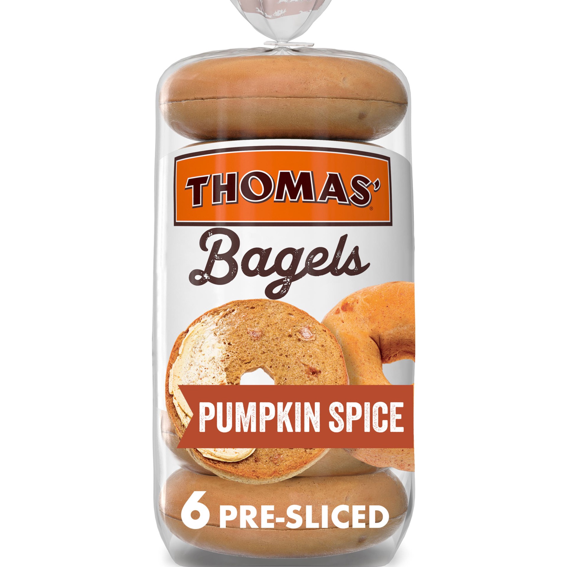 slide 1 of 12, Thomas' Pumpkin Spice Bagels, 6 count, Pre-sliced Bagels, 19 oz Bag, 6 ct