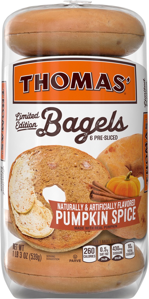 slide 10 of 12, Entenmann's Thomas' Pumpkin Spice Pre-sliced Bagels, 6 count, 19 oz, 6 ct; 19 oz