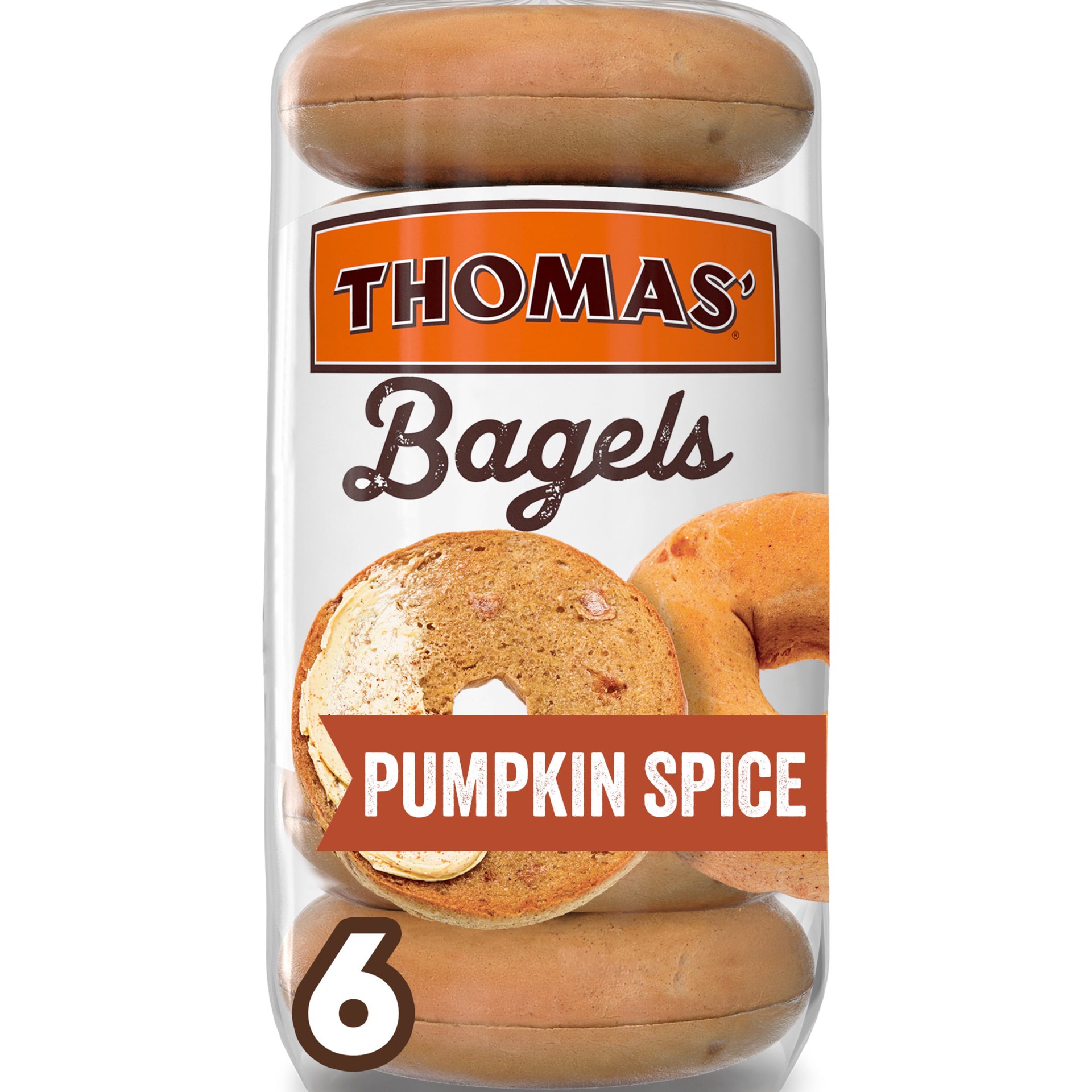 slide 1 of 12, Thomas' Pumpkin Spice Bagels, 6 count, Bagels, 19 oz Bag, 6 ct; 19 oz