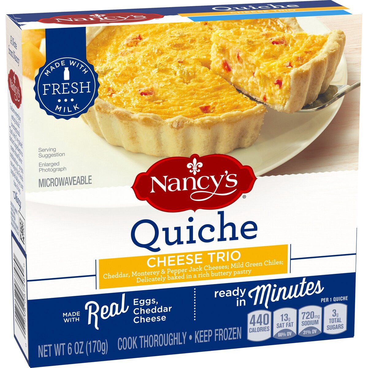 slide 2 of 8, Nancy's Cheese Trio Quiche with Eggs, Three Cheese Blend, & Mild Green Chilies Frozen Meal, 6 oz