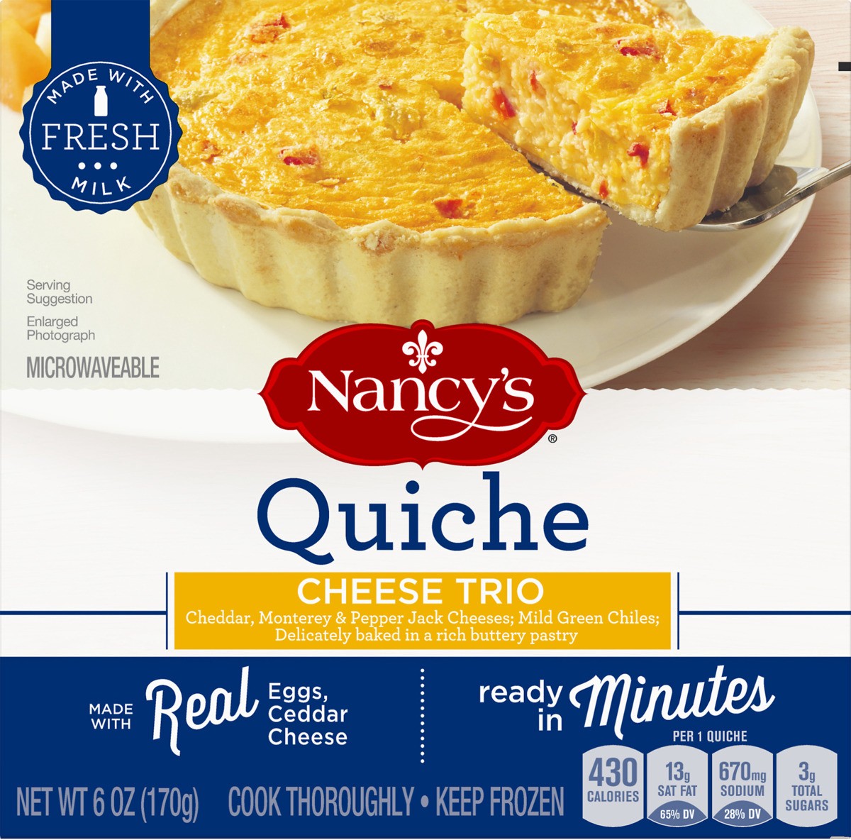 slide 7 of 8, Nancy's Cheese Trio Quiche with Eggs, Three Cheese Blend, & Mild Green Chilies Frozen Meal, 6 oz