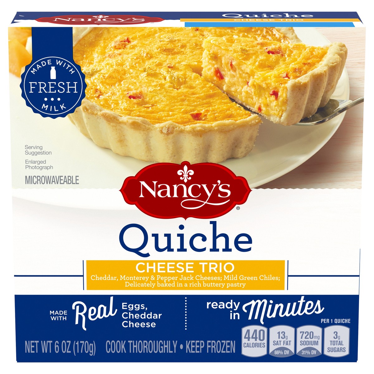 slide 1 of 8, Nancy's Cheese Trio Quiche with Eggs, Three Cheese Blend, & Mild Green Chilies Frozen Meal, 6 oz Box, 6 oz