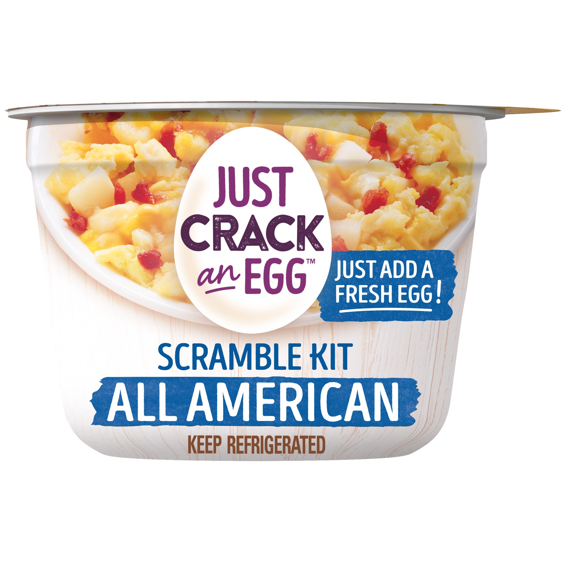 slide 1 of 9, Just Crack an Egg All American Scramble Breakfast Bowl Kit with Potatoes, Sharp Cheddar Cheese and Uncured Bacon, 3 oz. Cup, 3 oz