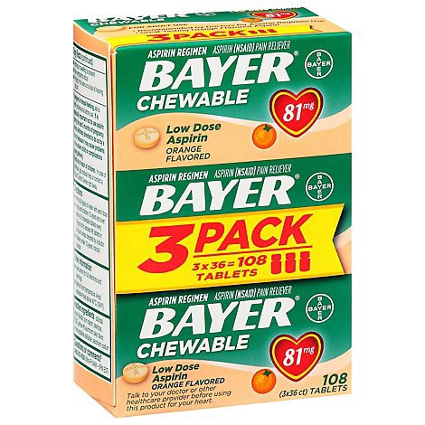 slide 1 of 1, Bayer Aspirin Chewable Tablets Orange 81 Mg - 108 Count, 108 ct